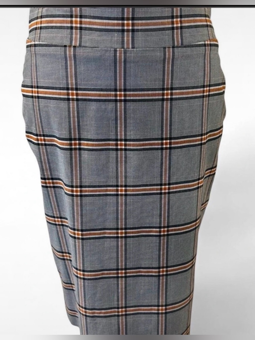 Soho Plaid Pencil Skirt in Gray with Tan Stripes